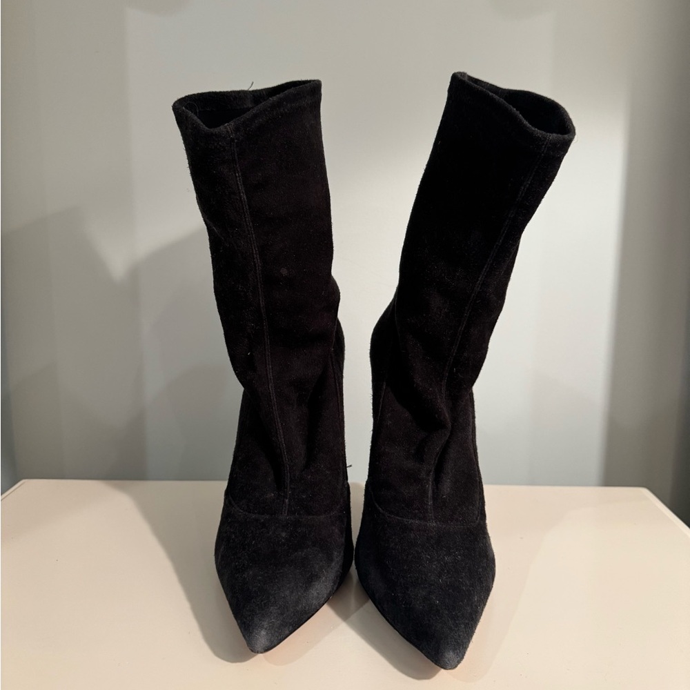 Schutz black suede slip on stiletto booties